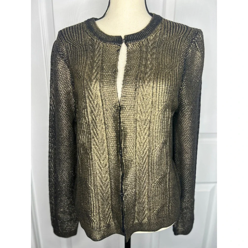 Boston Proper Cardigan Metallic Gold L Black Hook Eye Cable Knit Shimmer Sweater